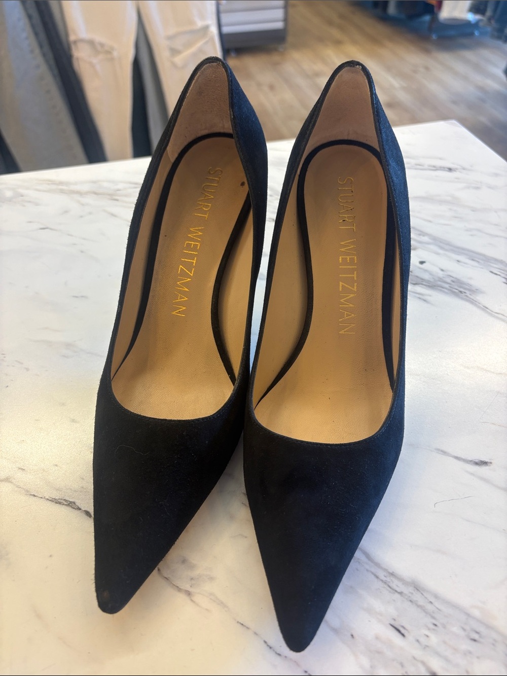 Stuart Weitzman Black Suede Pointed Toe Stilettos
